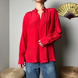 90s vintage ruby red pure silk minimalist long sleeve button shirt blouse top